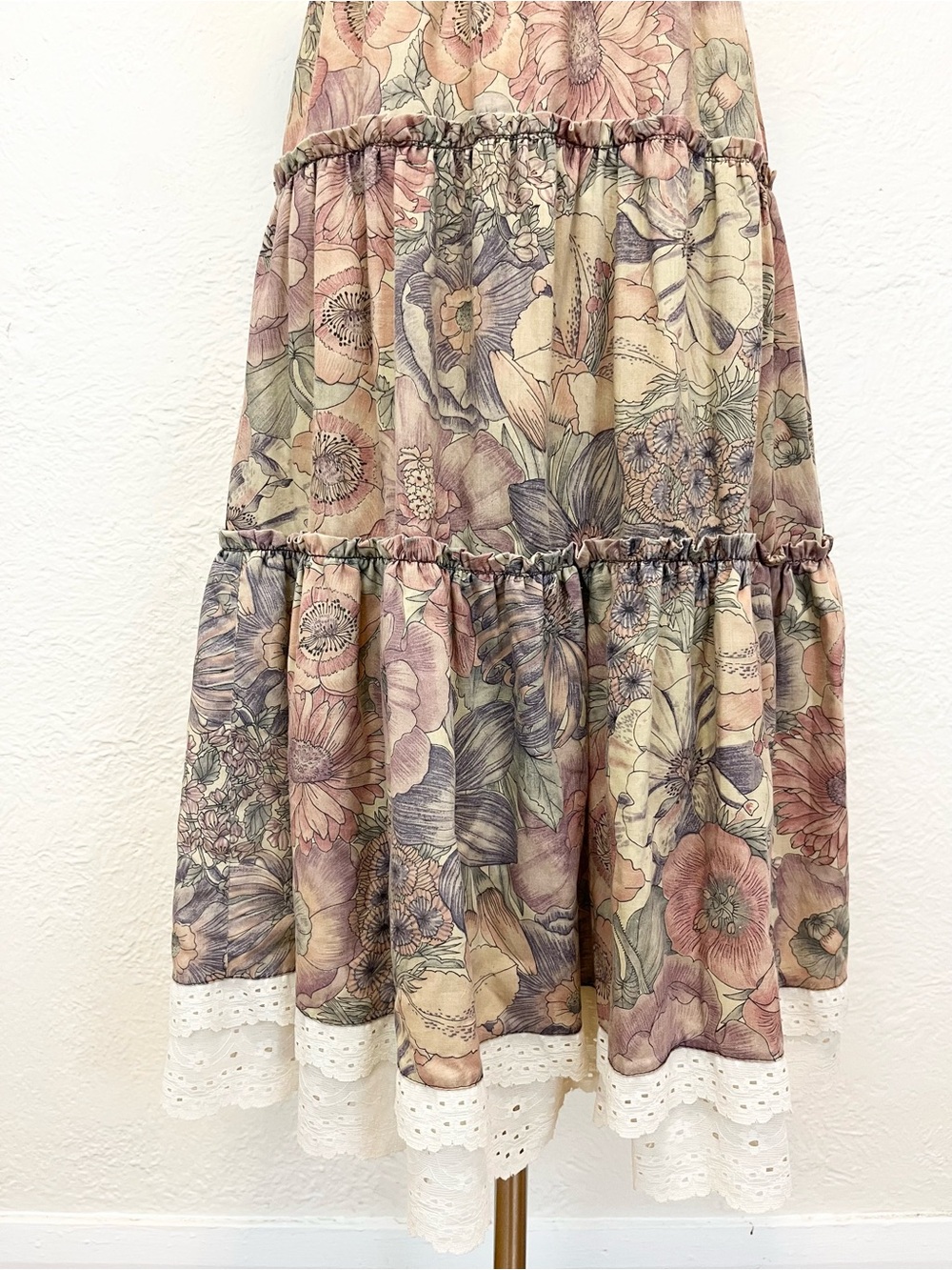 Vintage Dress Midi Floral Cottagecore Farmhouse Boho Prairie Mauve Beige S/M - Picture 5 of 14